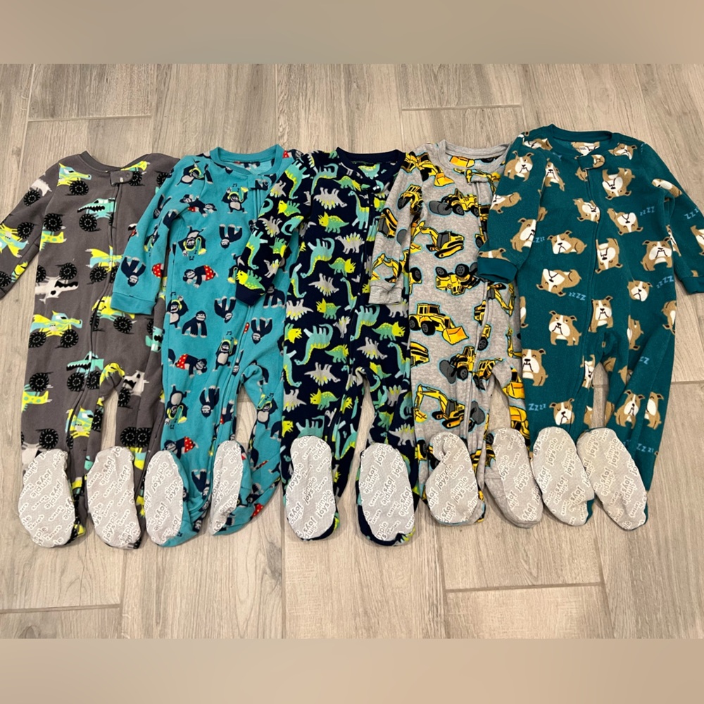 Toddler Boy size 2T Fleece Zip Up Footie Pajamas - One Piece Pjs Bundle of 5